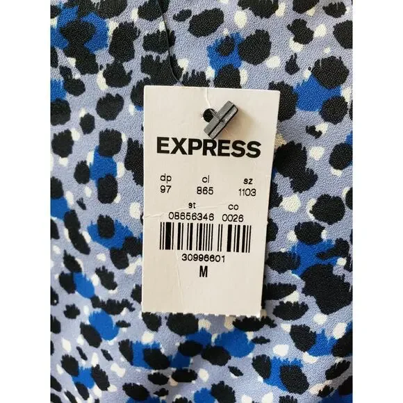 Express Blouse Top Womens Medium Blue Abstract Print Long Sleeve V-Neck Pullover - Picture 6 of 13